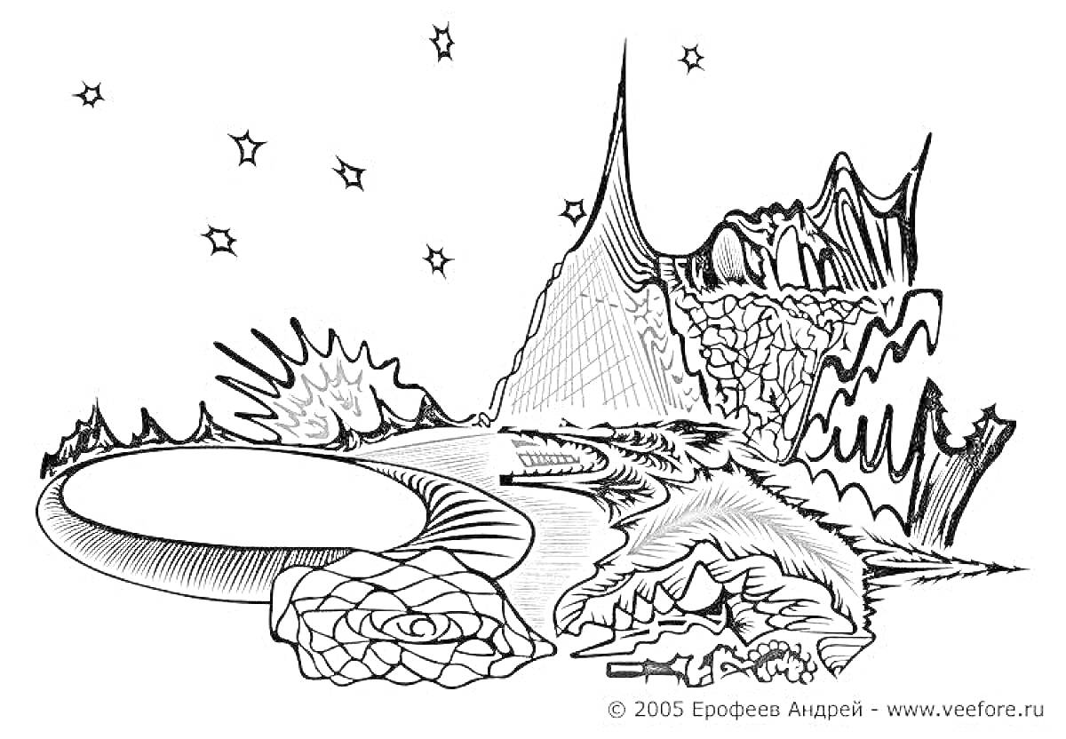 Раскраска Фантастический пейзаж с горами, звездным небом и абстрактными формами.