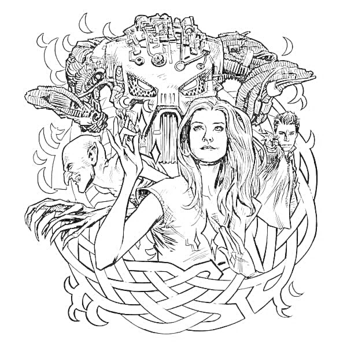 Раскраска Голова монстра с многочисленными деталями, женщина с длинными волосами, мужчина в костюме, лысый человек с когтями, фон в виде узорного круга и огней