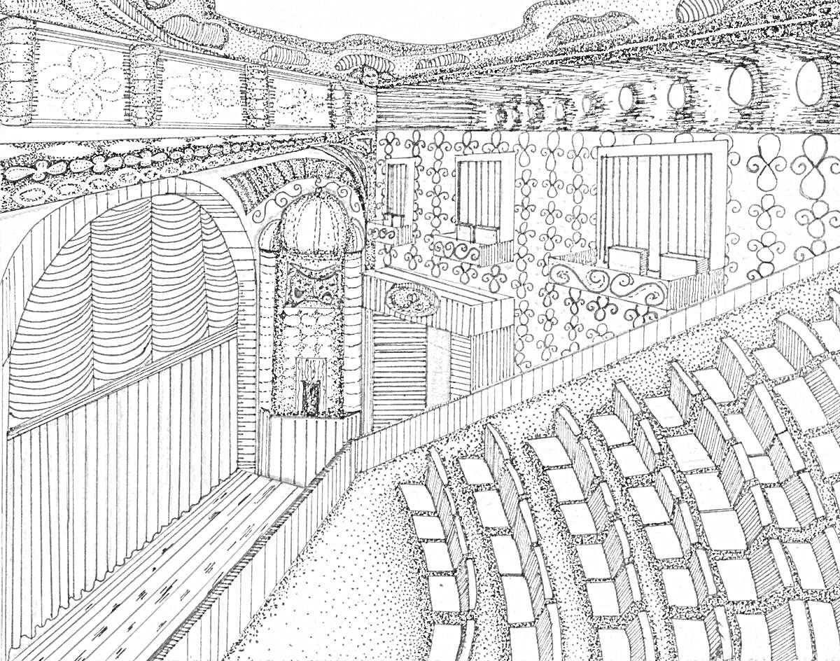 На раскраске изображено: Театр, Закулисье, Занавес, Зрительный зал, Архитектура, Орнамент, Балкон, Интерьер