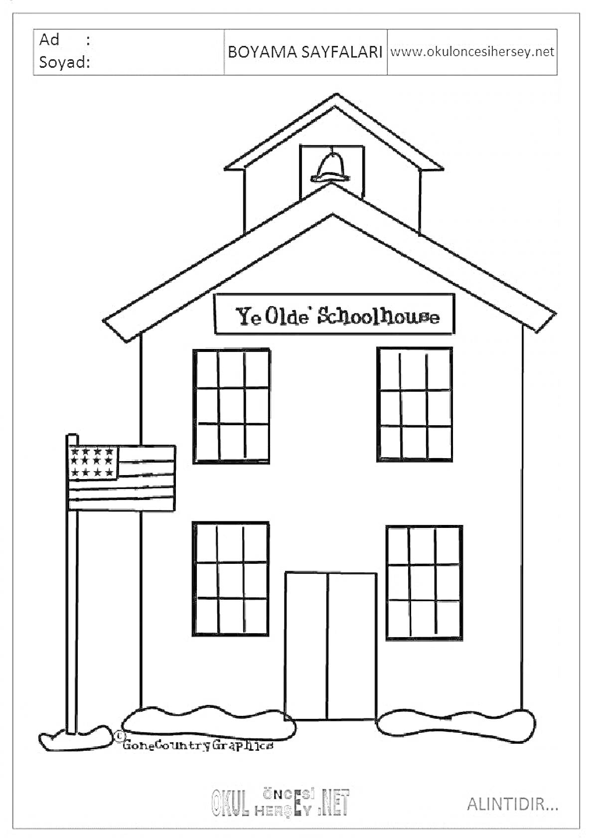 На раскраске изображено: Дом, Школа, Колокол, Флаг, Окна, Дверь, Для детей