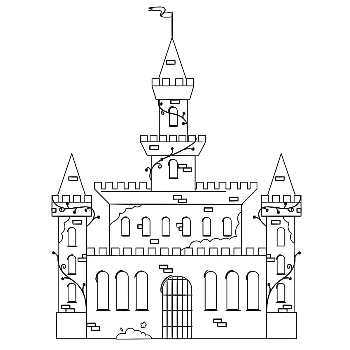 Раскраска Замок принцессы с башенками, флагом и декоративными лианами