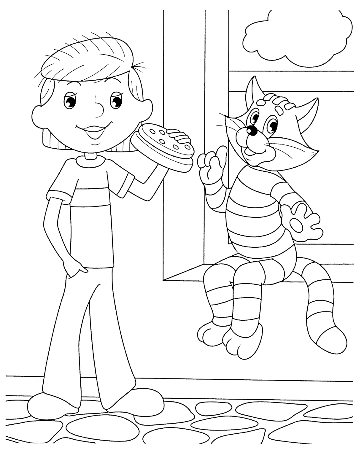 Мальчик с пиццей держит руку с пирогом, рядом с ним сидящий на подоконнике полосатый кот под окном