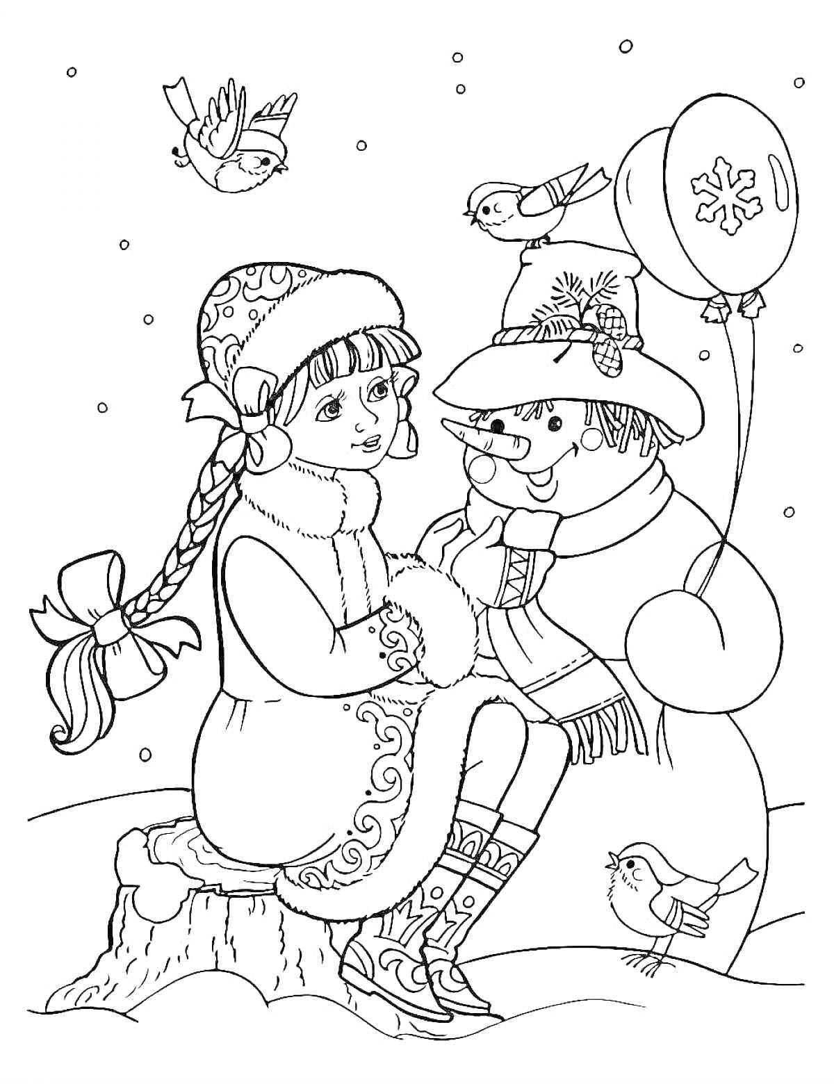 Раскраска Снегурочка, снеговик с воздушными шарами, пень, птицы, снег