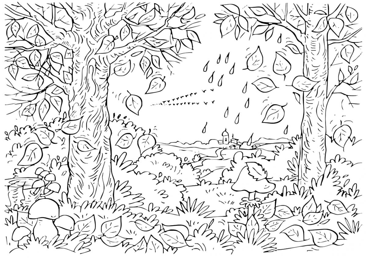 Раскраска Осенний пейзаж с деревьями, падающими листьями, грибами и видом на деревню вдалеке