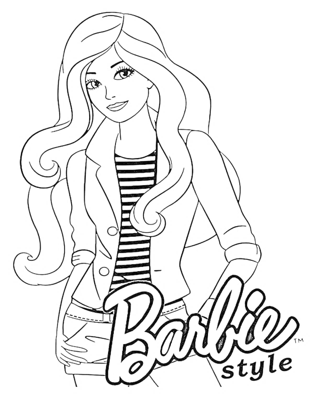 Раскраска Кукла Барби в полосатой кофте и пиджаке с надписью Barbie Style