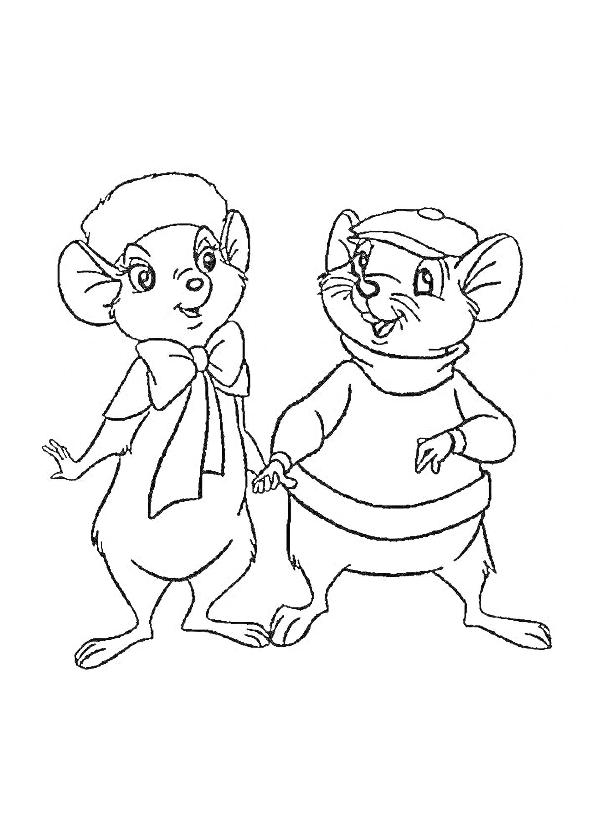 Раскраска Два мышонка стоят рядом, один в шапке, другой с бантом на шее.