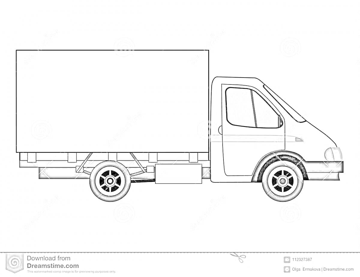 Раскраска Грузовая газель с бортом, передняя часть грузовика, колёса, окна кабины, кузов