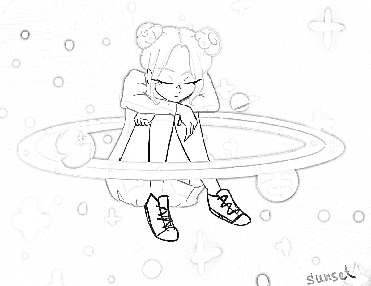 Девушка с двумя гульками в голубом платье и кроссовках, сидящая внутри ореола из планет на фоне космоса