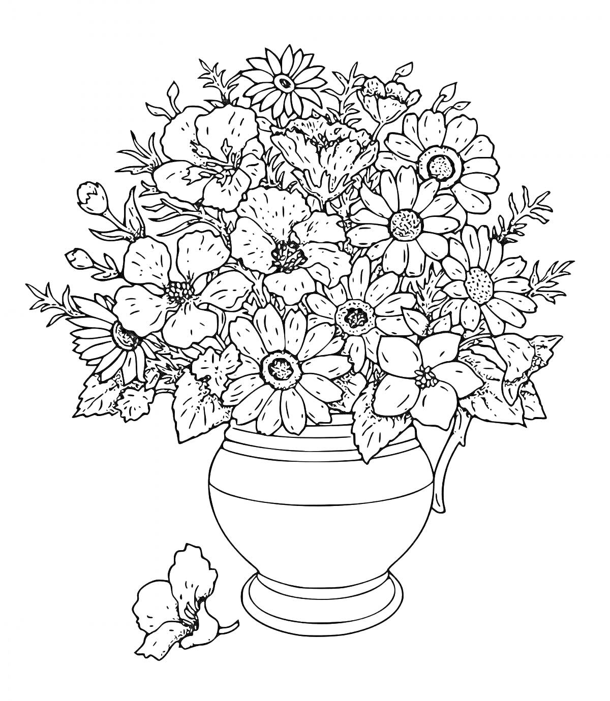 На раскраске изображено: Цветы, Ваза, Крупные цветы, Цветы в вазе, Для детей, Для взрослых, Антистресс