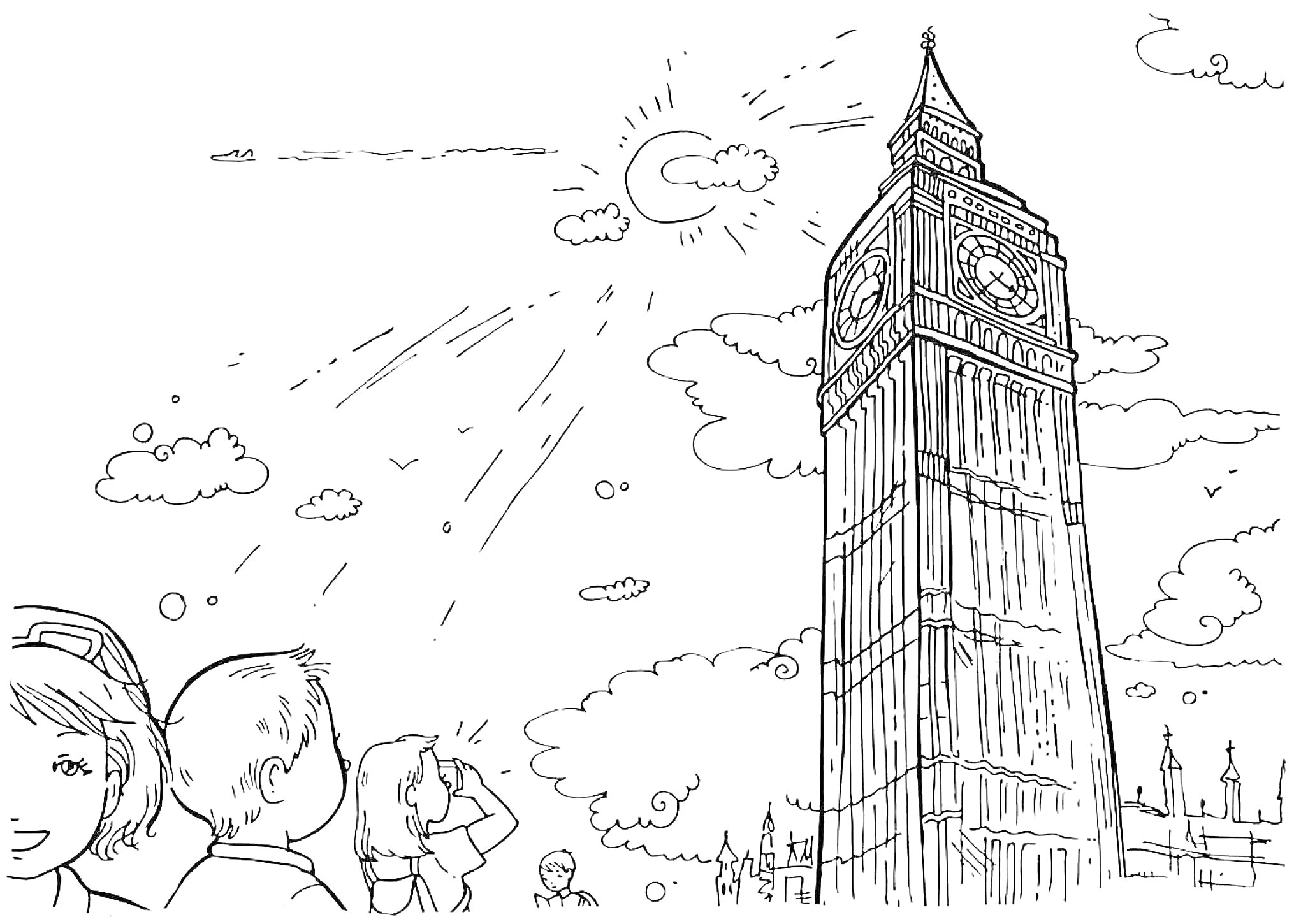 На раскраске изображено: Лондон, Часы, Солнце, Облака, Наблюдение, Архитектура, Достопримечательности, Городской пейзаж, Туризм