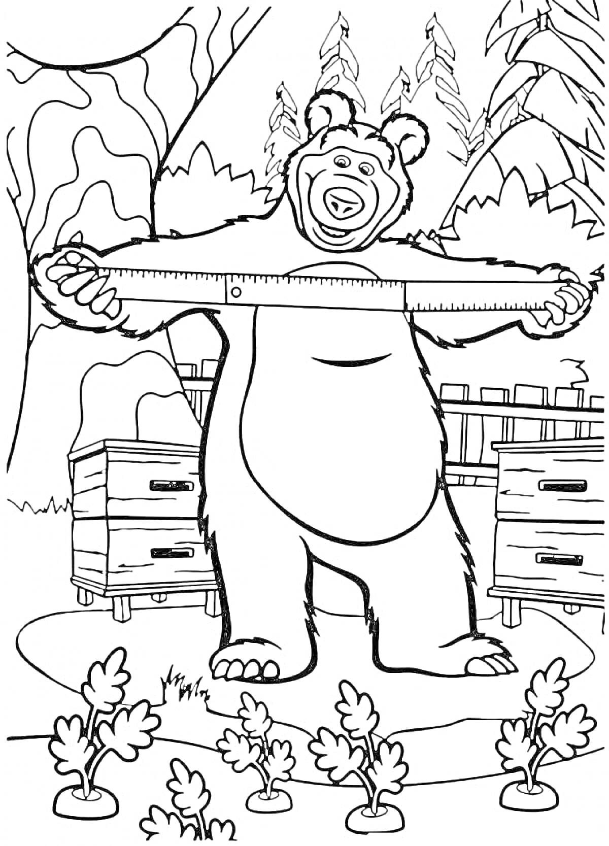 На раскраске изображено: Медведь, Линейка, Улей, Забор, Деревья, Кусты, Природа