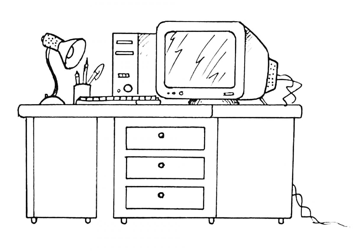 На раскраске изображено: Стол, Лампа, Компьютер, Монитор, Системный блок, Клавиатура, Мышь, Канцелярия, Ручка, Комод, Провода, Карандаши