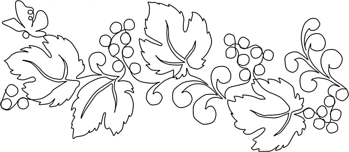 Раскраска Узор с листьями, ягодами, завитками и бабочкой