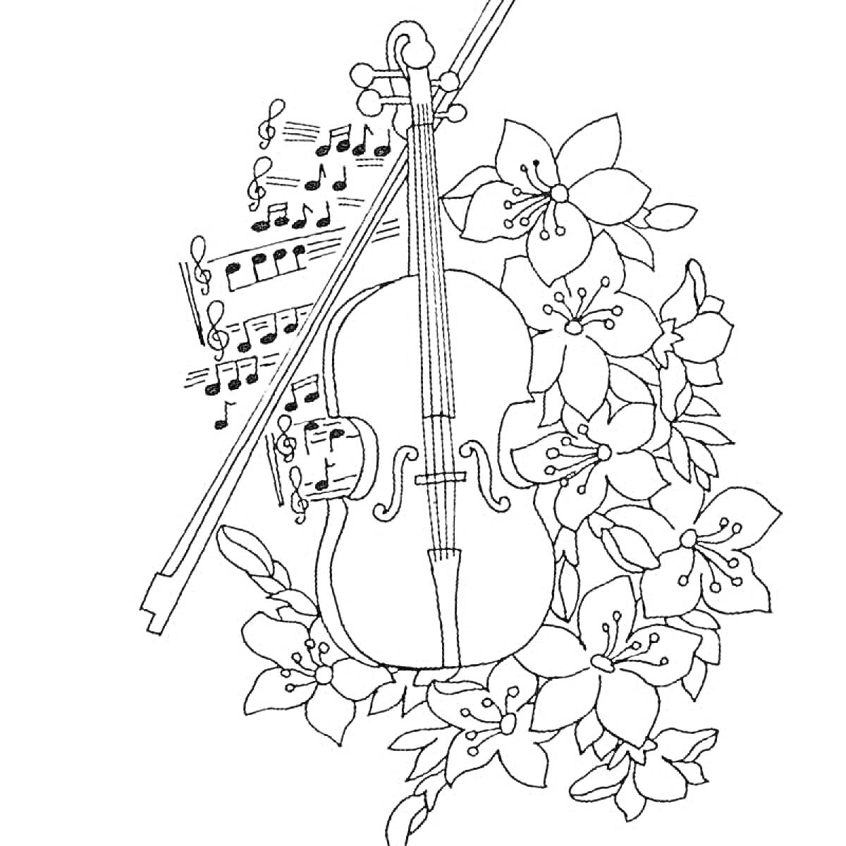 Раскраска Скрипка с цветами и нотами