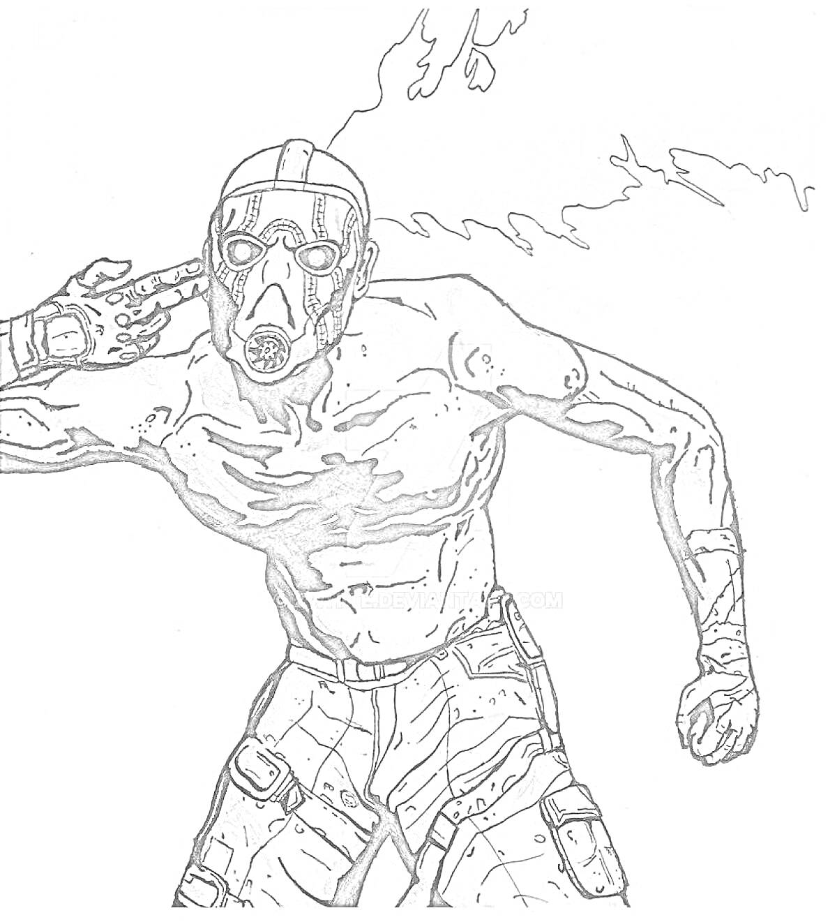 Раскраска Человек в маске с трубкой, стоящий в боевой позе, с поднятой рукой и сосредоточенным взглядом, обнаженный торс, брюки с карманами, светящаяся энергия на фоне