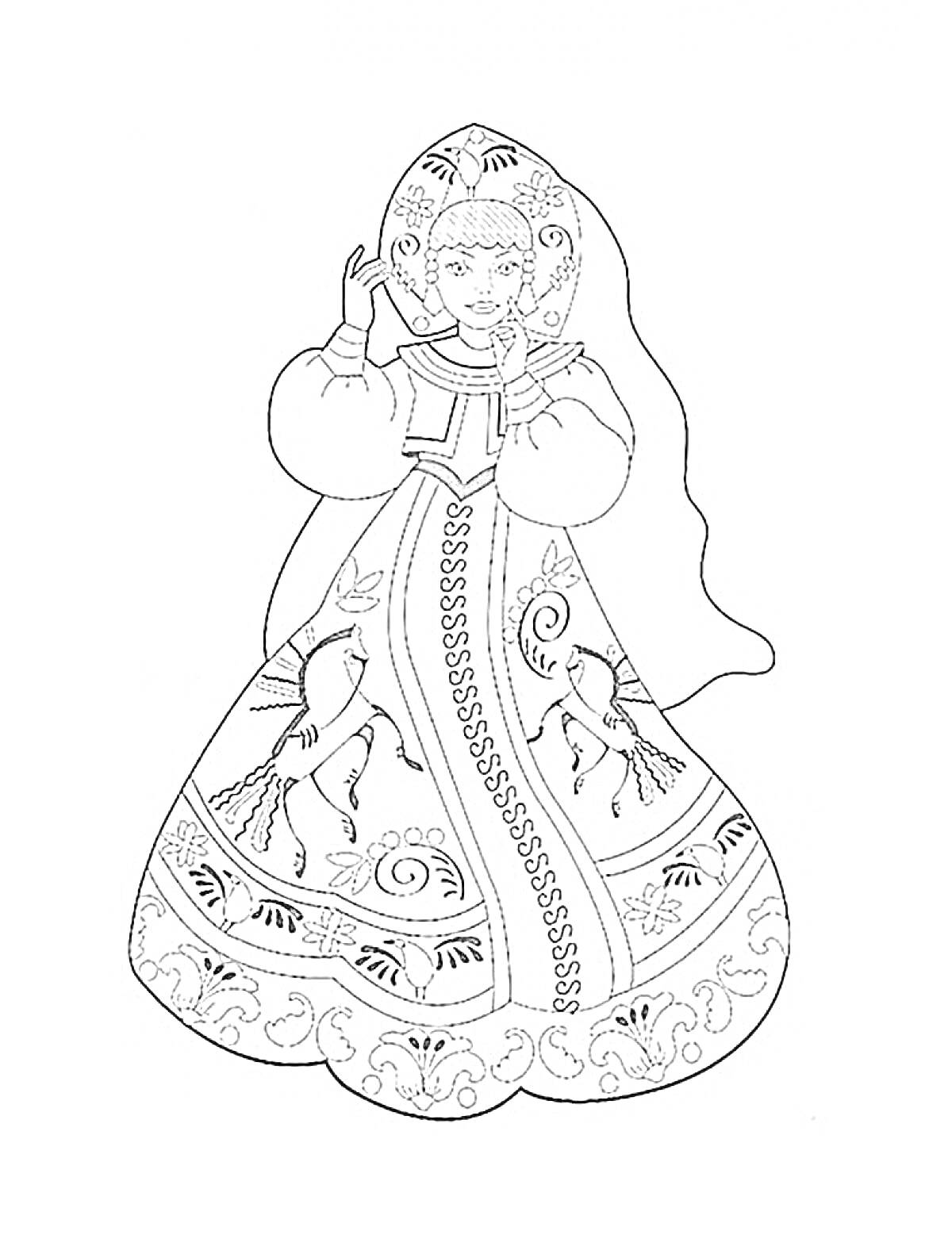 Раскраска Девушка в русском народном костюме с кокошником, платьем с длинными рукавами и орнаментом, изображающим птиц и цветы