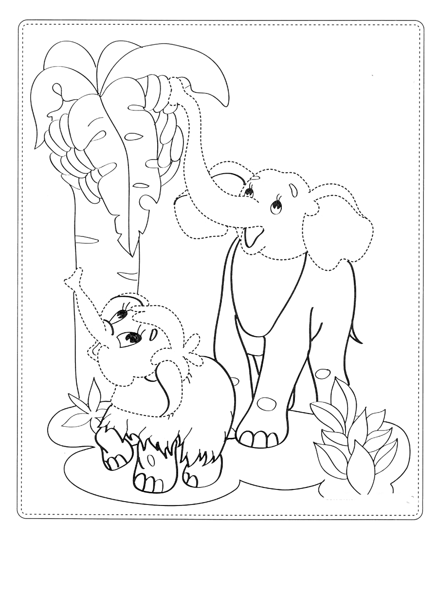 Раскраска мамонтенок и слон под деревом с пальмовыми листьями и кустами