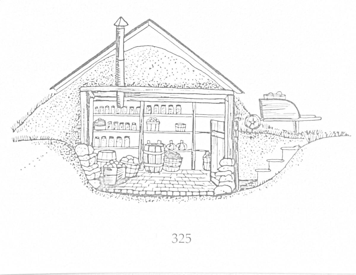Раскраска Подвал с полками, стеклянными банками, бочками, ступеньками и верхней частью дома