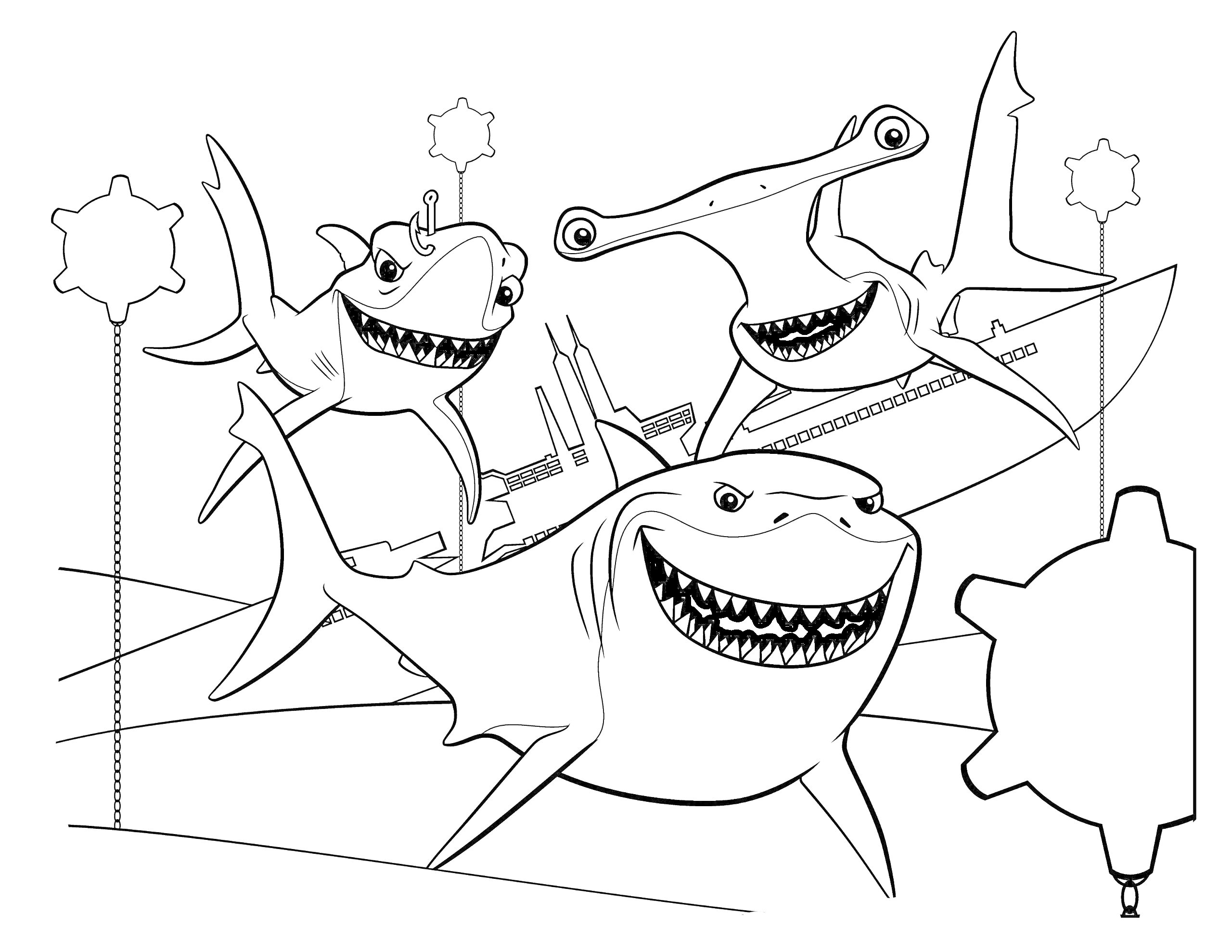 Три улыбающиеся акулы на фоне подводного мира с затонувшим кораблём