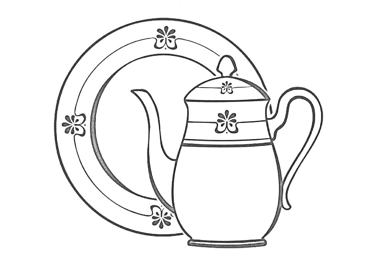 Чайник и тарелка с цветочным узором