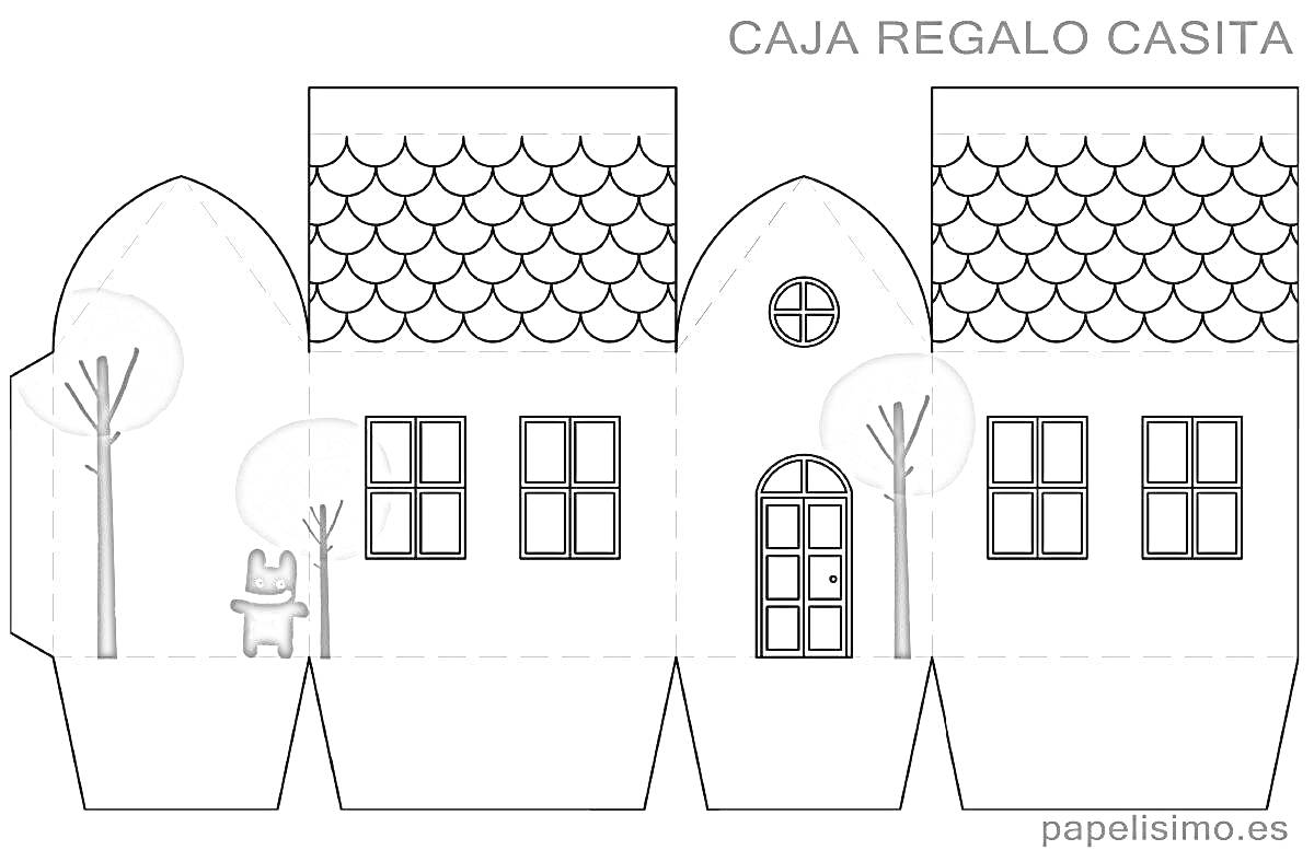 Раскраска Домик-упаковка для подарка с деревьями, окнами, дверью и нарисованным котом