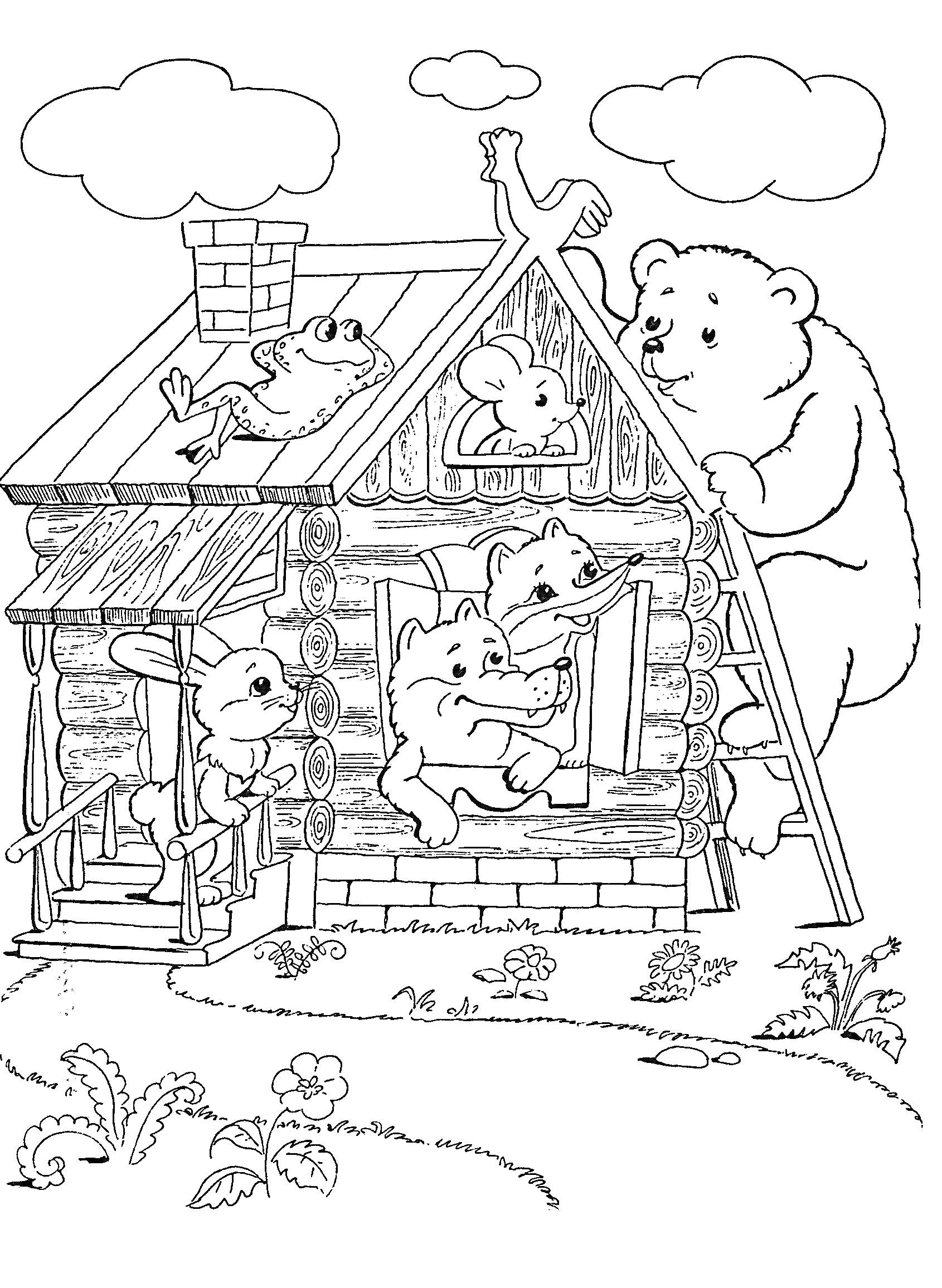 На раскраске изображено: Теремок, Медведь, Волк, Мышь, Заяц, Из сказок, Дом, Животные, Лягушки