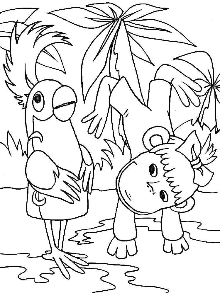 Раскраска Попугай и мартышка на фоне джунглей с пальмами