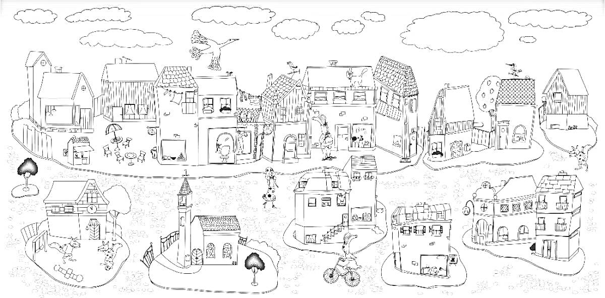 Раскраска Город: дома, магазины, кафе, деревья, улицы, машины, велосипедисты, пешеходы, облака, воздушные змеи