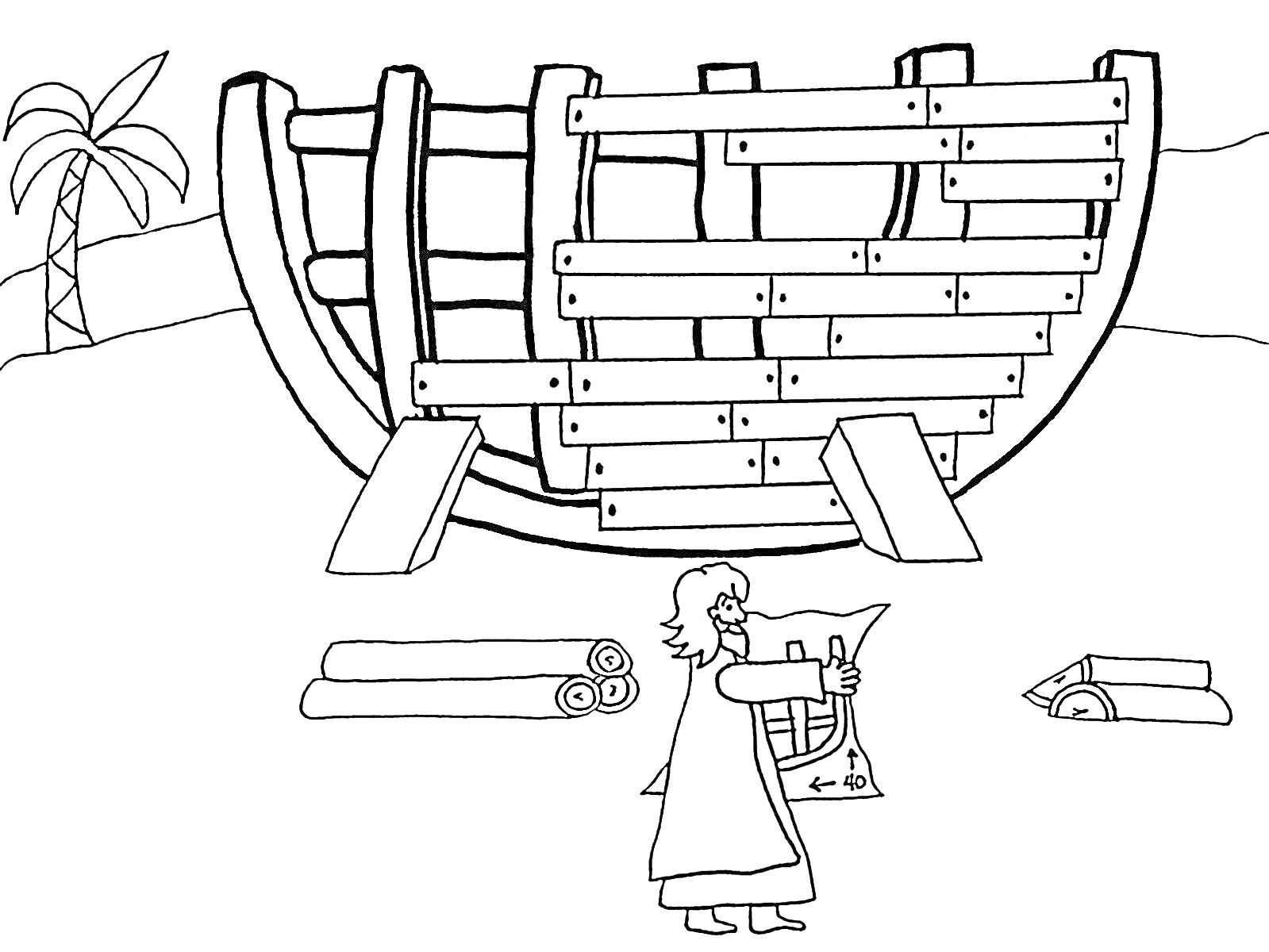 Раскраска Ной строит ковчег, дерево, ковчег, чертежи, инструменты, пальма