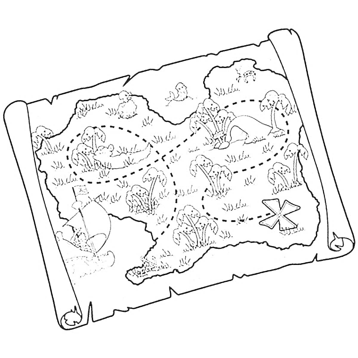 Раскраска Карта сокровищ с островами, деревьями, кораблем и пиратским черепом