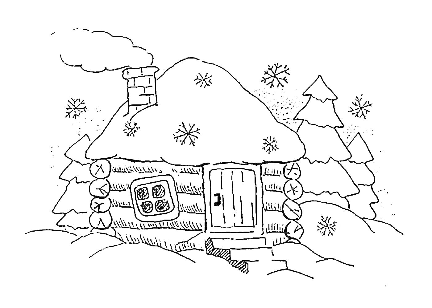 На раскраске изображено: Зима, Дом, Деревья, Снег, Снежинки, Крыша, Труба, Дым, Дверь