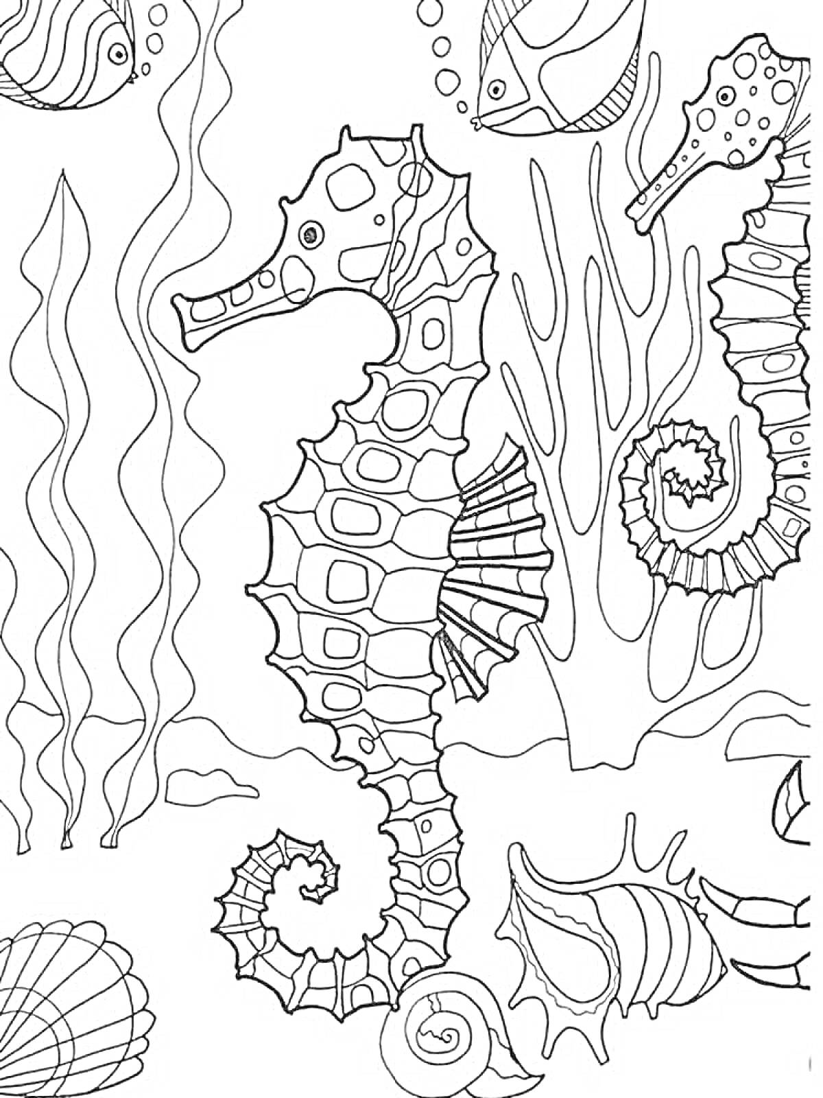 На раскраске изображено: Морской конек, Кораллы, Подводный мир, Рыба, Животные, Ракушка, Морские животные