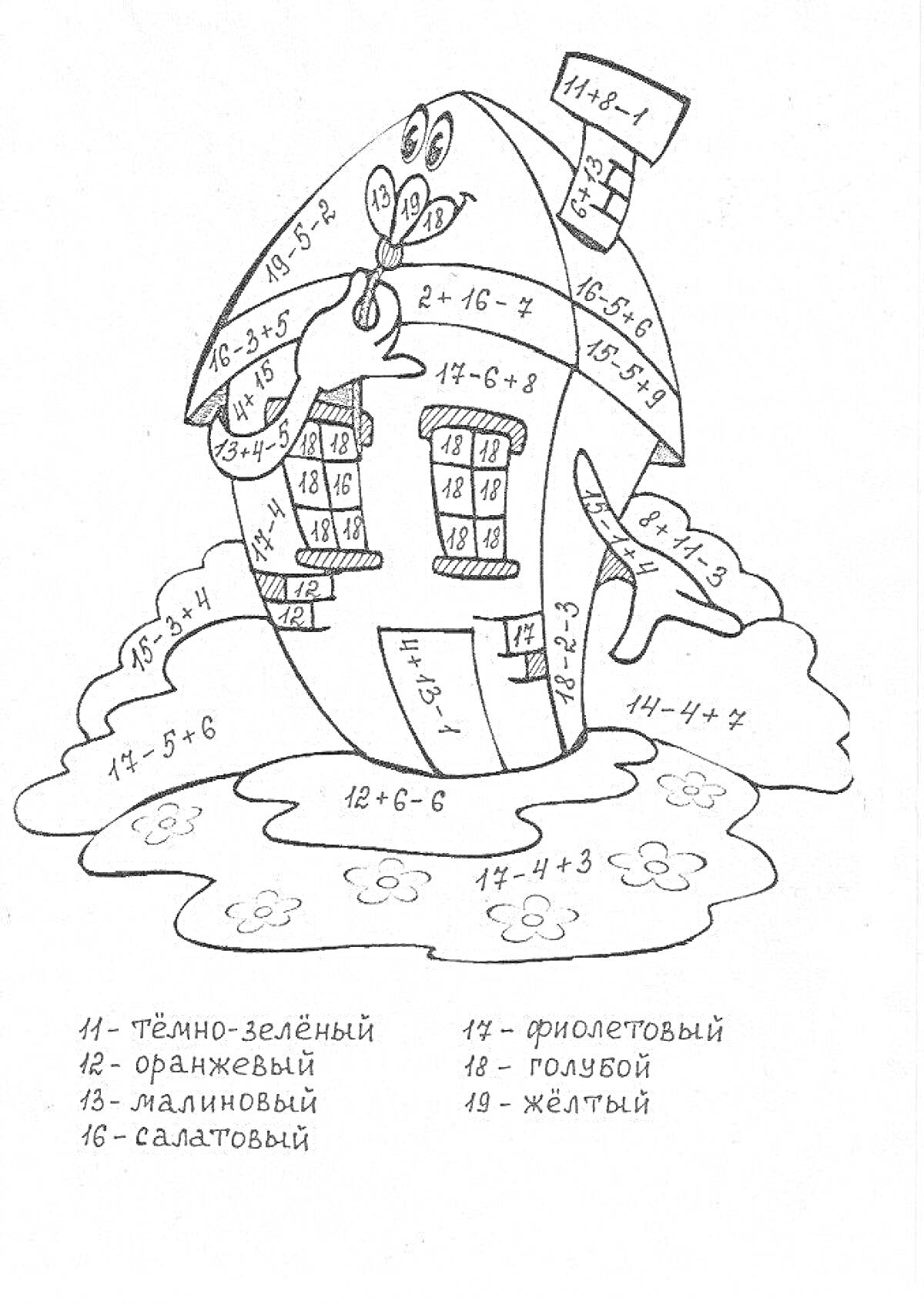 На раскраске изображено: Математика, Сложение, Вычитание, 1 класс, Учебное пособие, Арифметика, Дом, Развивающее задание