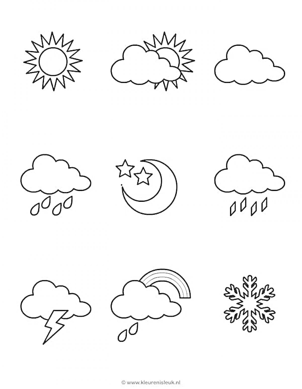 На раскраске изображено: Солнце, Тучи, Дождь, Капли, Луна, Звезды, Молния, Снег, Погода