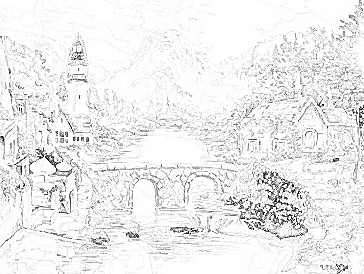 Раскраска Пейзаж с рекой, каменным мостом, домами и маяком на фоне гор