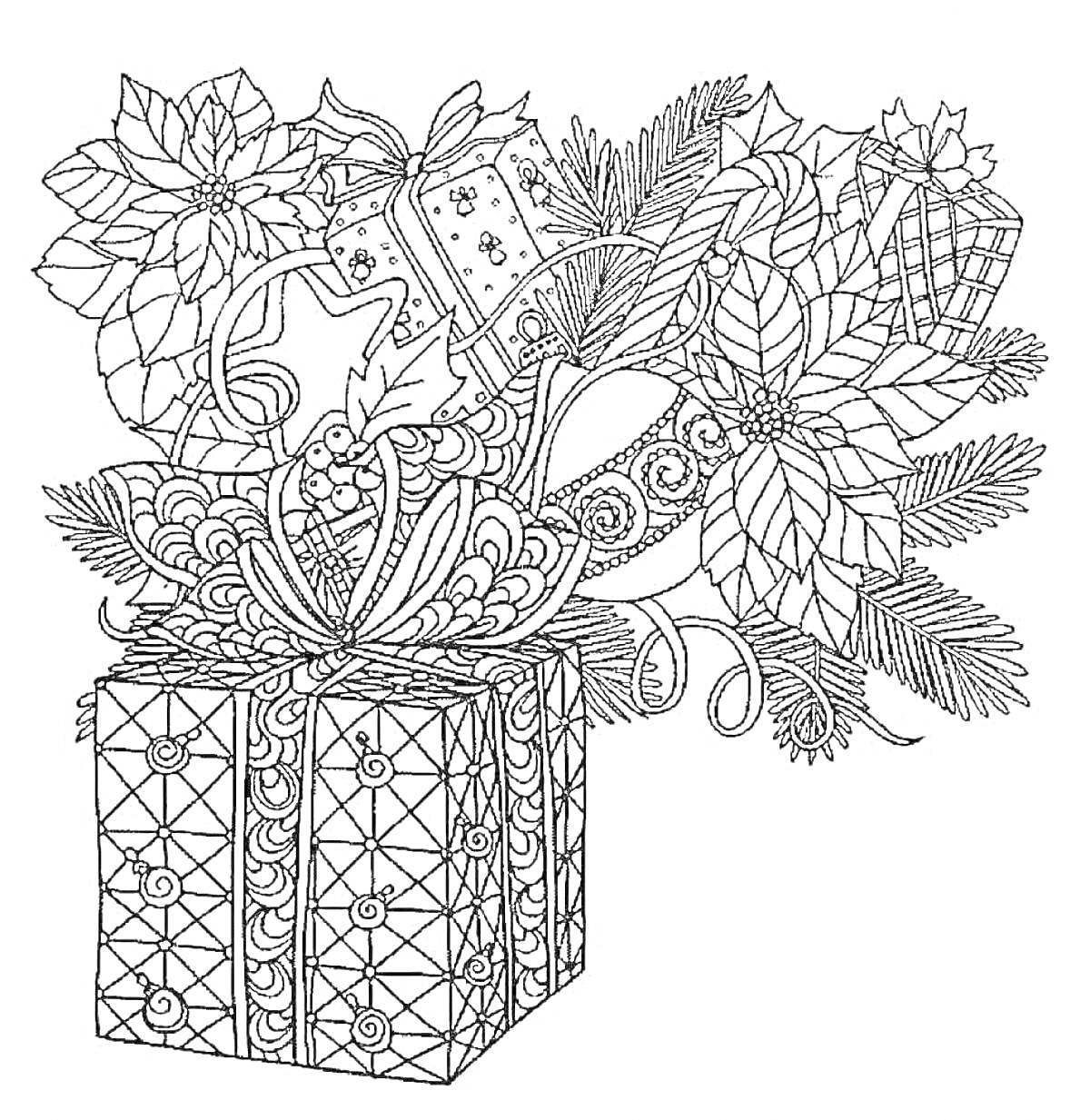 Подарочные коробки с лентами, пуансеттия, еловые ветви и завитки