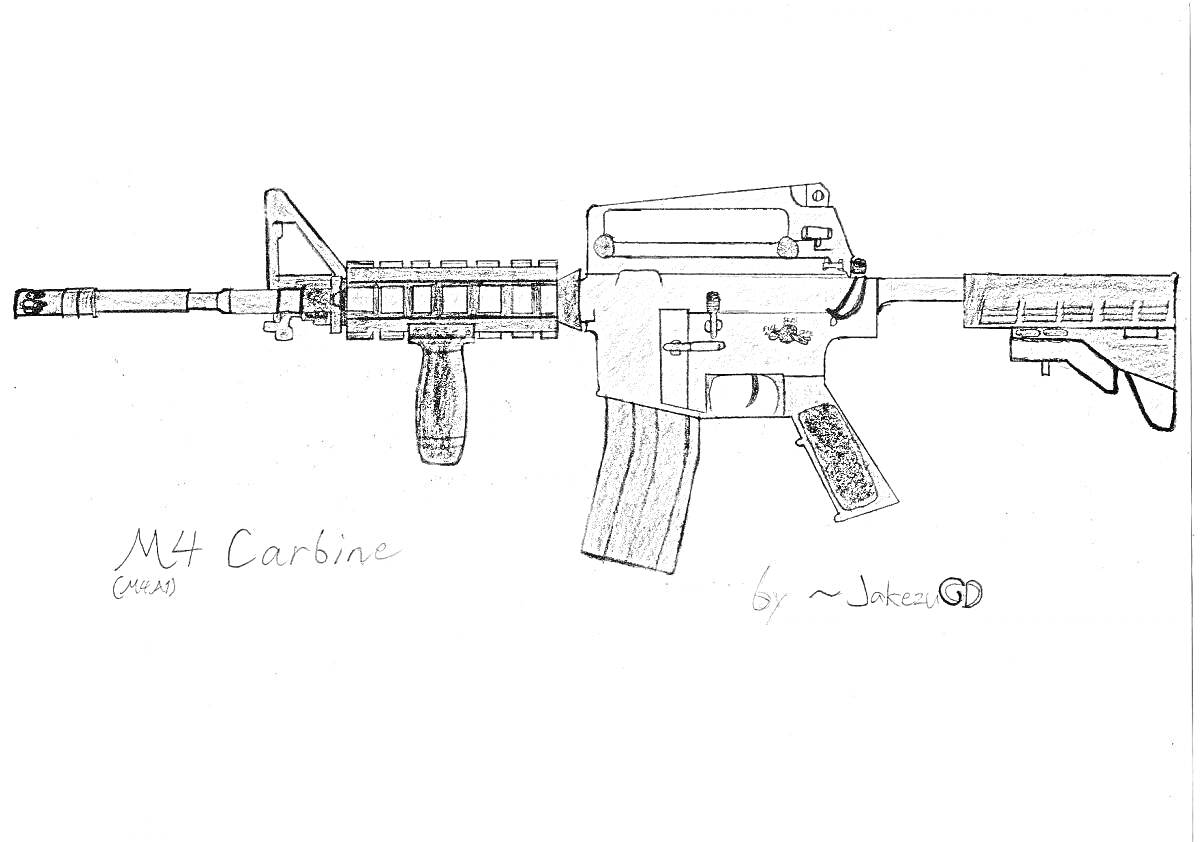 На раскраске изображено: M4, Штурмовая винтовка, Оружие, Автомат, Приклад, Прицел, Магазин