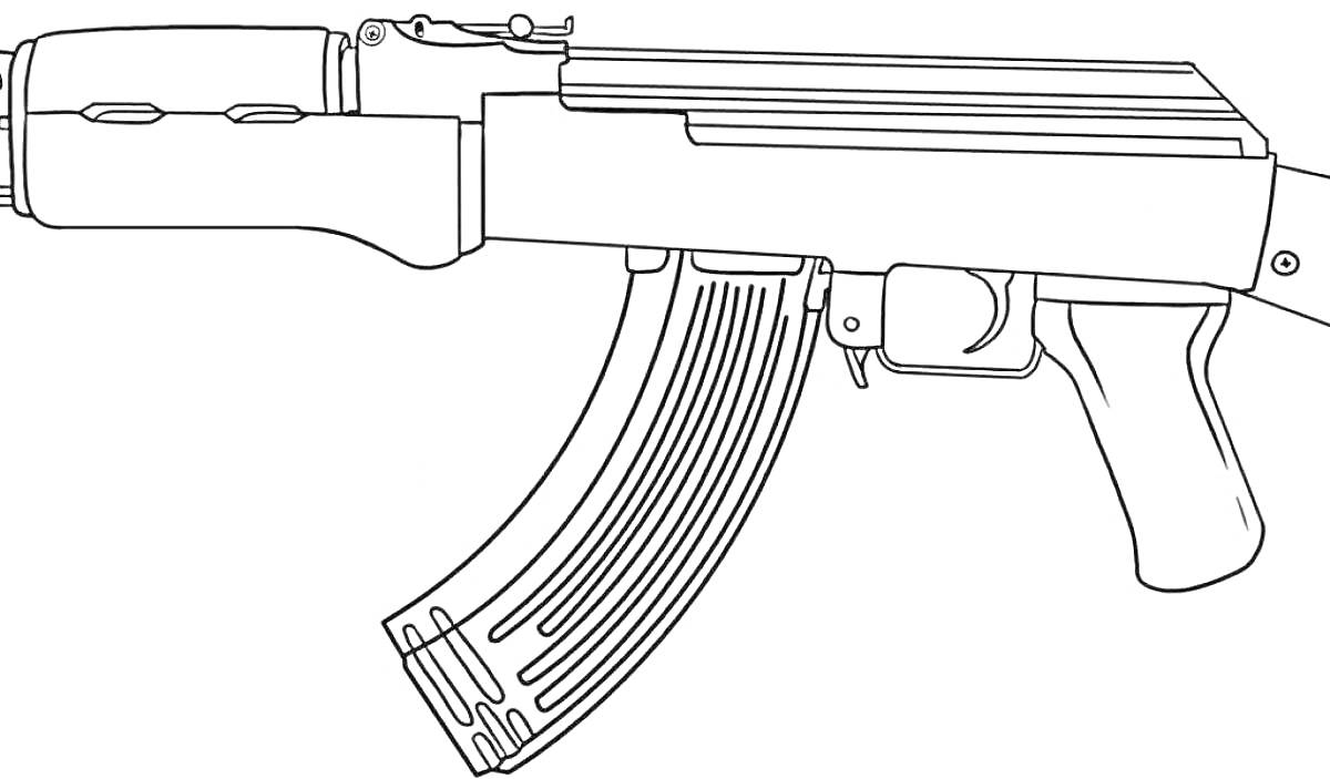 На раскраске изображено: АК-74, Автомат Калашникова, Оружие, Приклад, Контурные рисунки