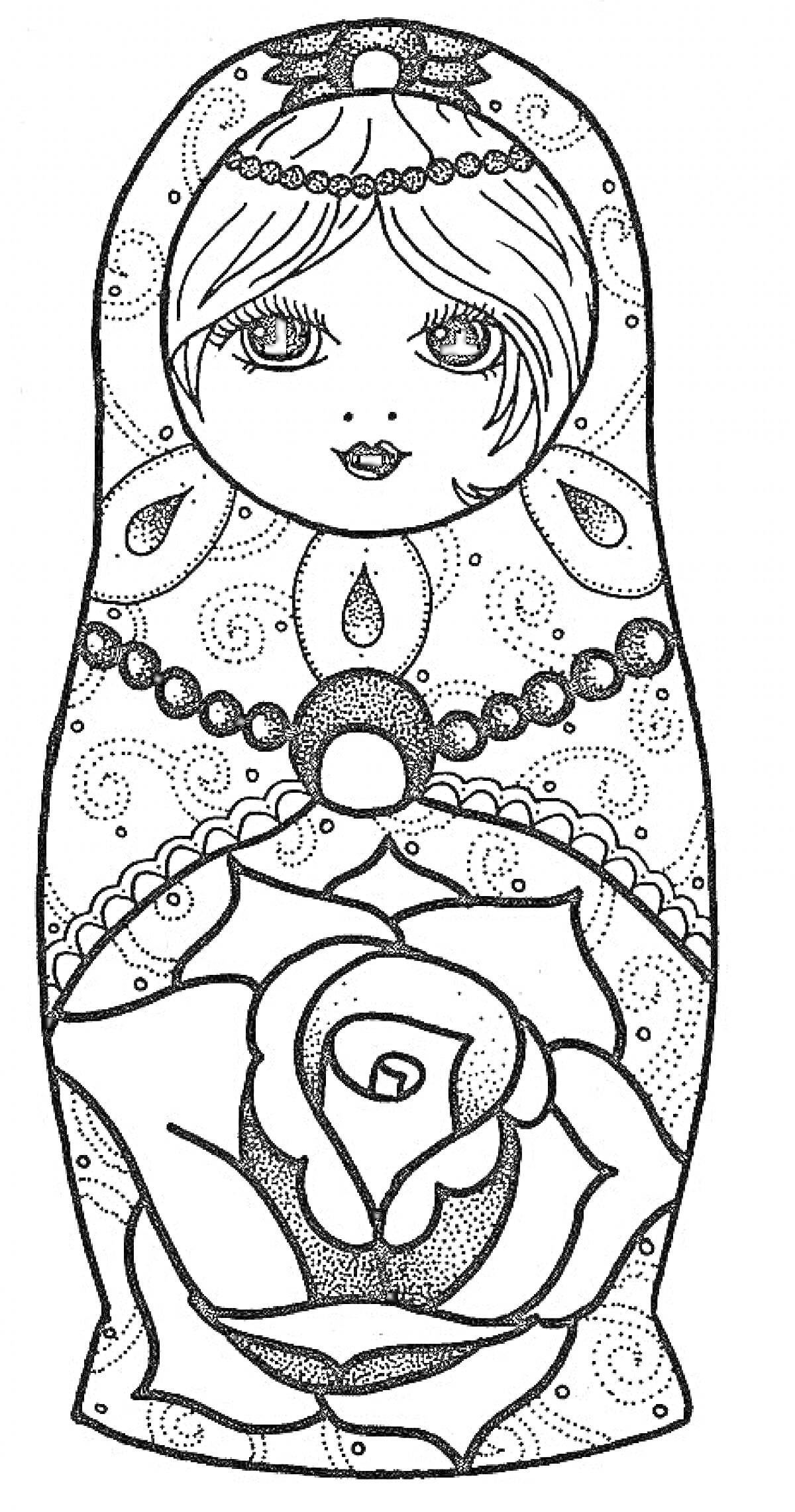 Раскраска Матрешка с крупной розой на платье, узорами и красивым ожерельем
