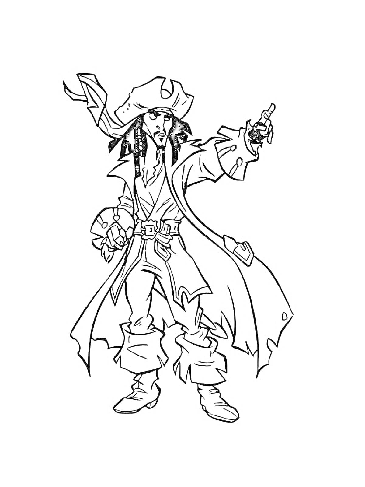 Раскраска Пират с повязкой на голове, в треугольной шляпе и пальто, указывающий рукой