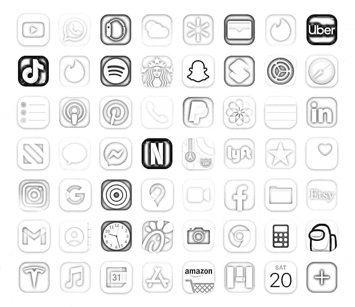 Раскраска На картинке изображены значки мобильных приложений: TikTok, WhatsApp, Instagram, Walmart, YouTube, Uber, Spotify, Starbucks, Snapchat, Amazon, Lyft, Pinterest, LinkedIn, Etsy, Netflix, Google Chrome, Facebook, Google Maps, Twitter, Calendar, и др.