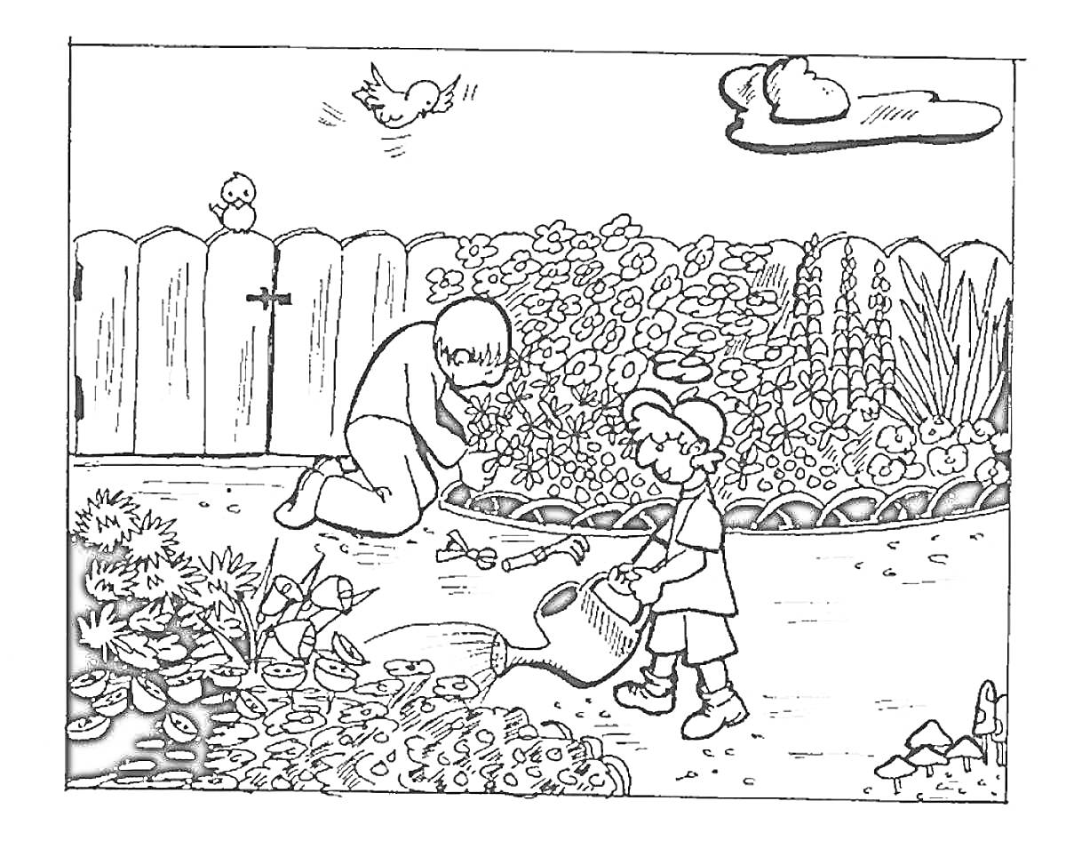 Дети в саду с цветами и игрушками