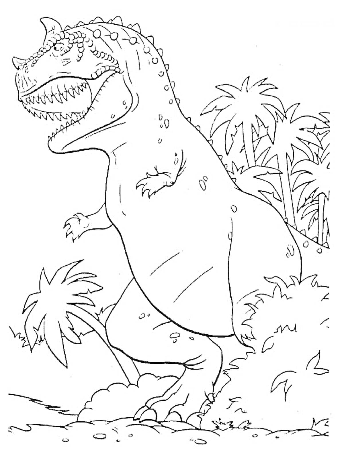 Раскраска Динозавр среди пальм в джунглях