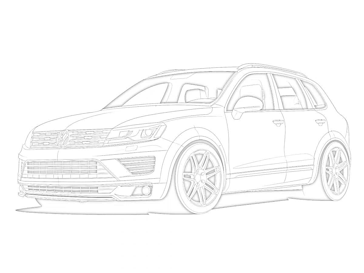 Раскраска контурный рисунок автомобиля Volkswagen Touareg, вид сбоку, 4 двери, передний и задний бамперы, колеса, окна