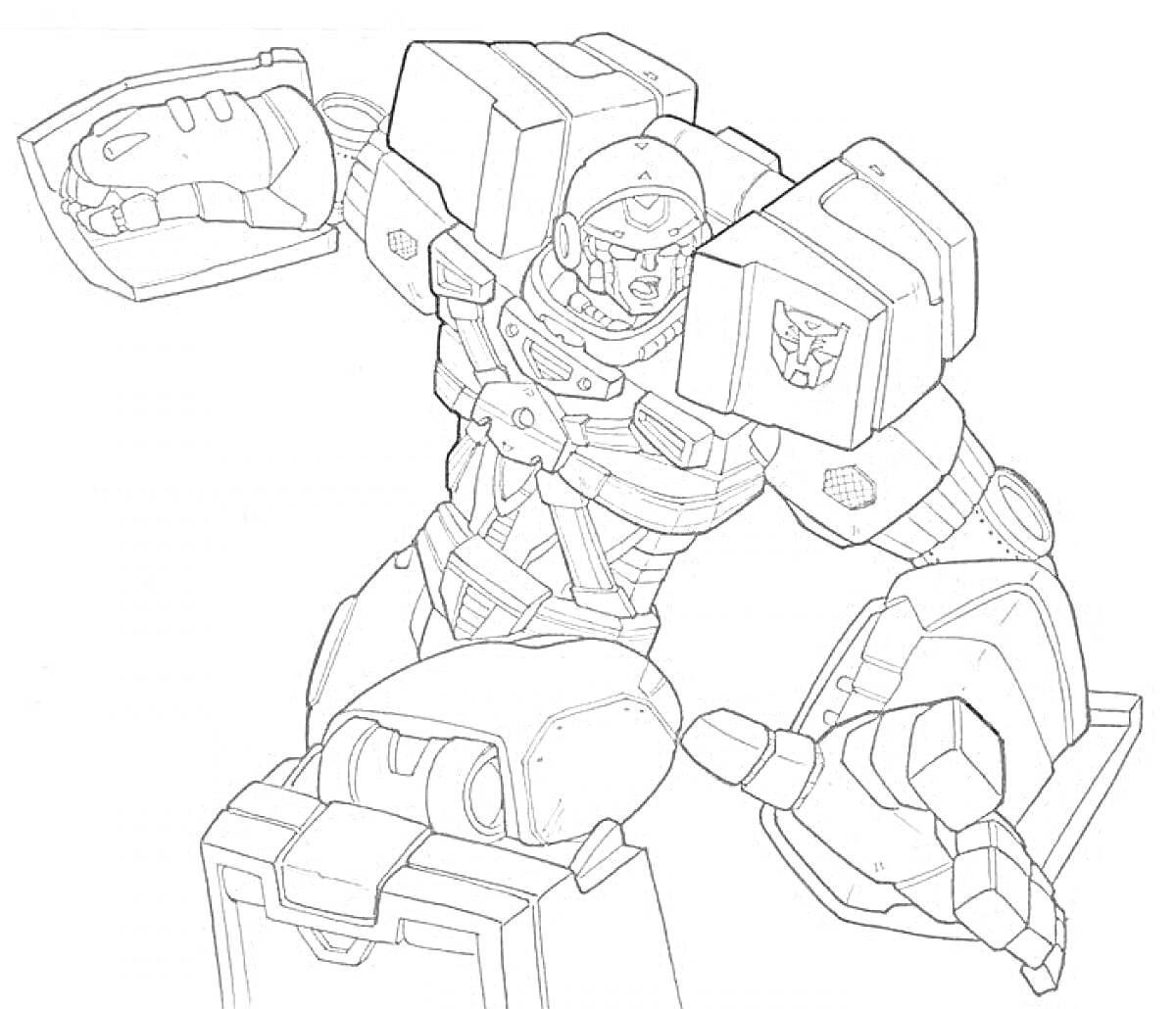 Раскраска Тритан-трансформер с огромными кулаками, робо-головой и значками на плечах