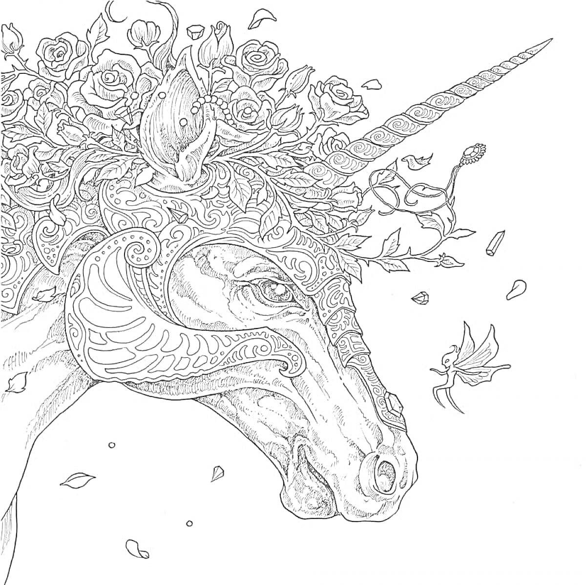 Раскраска Единорог с декоративным рогом и цветочной короной, окруженный лепестками и маленькой феей