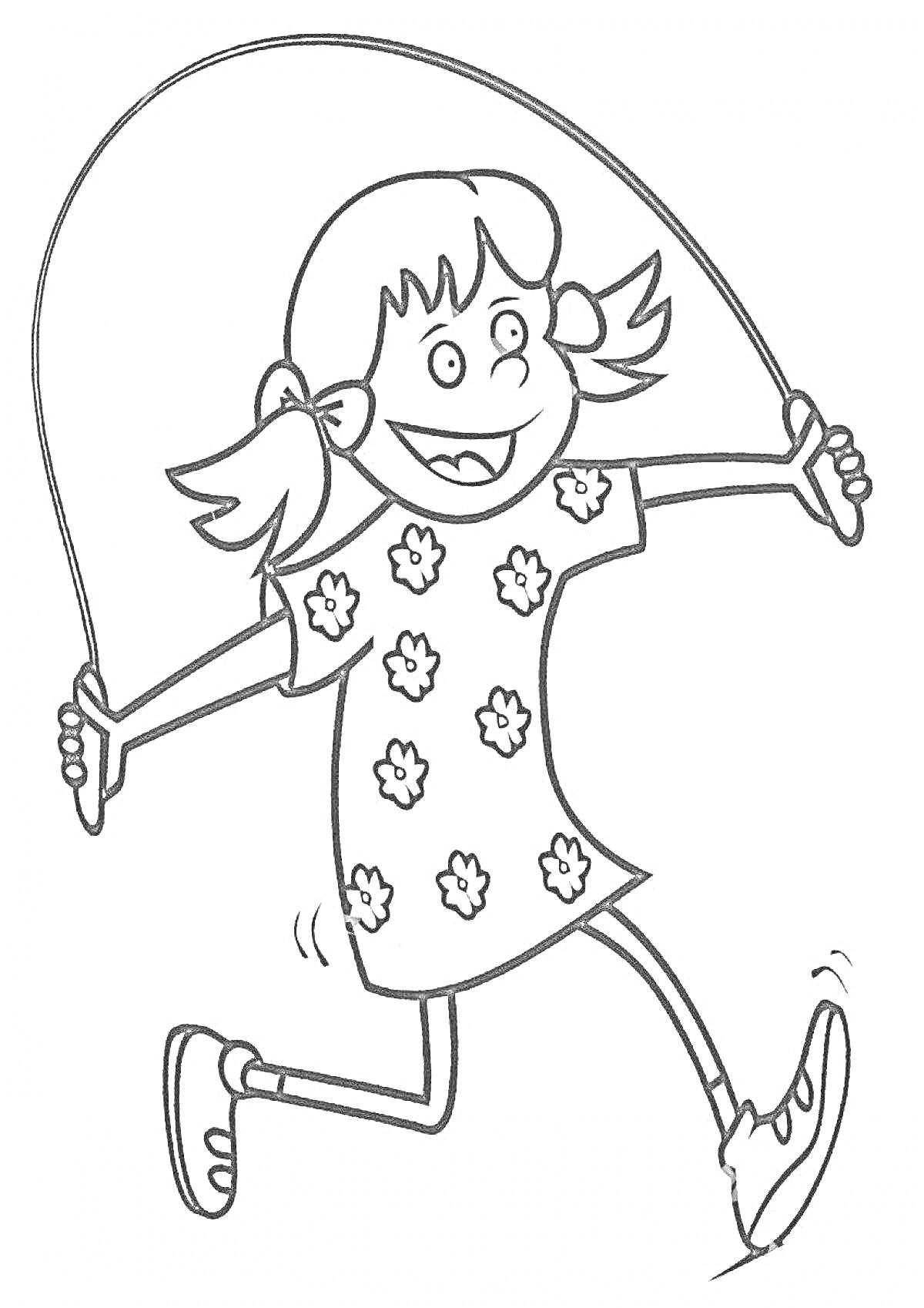 Раскраска Девочка в платье с цветочным узором прыгает на скакалке