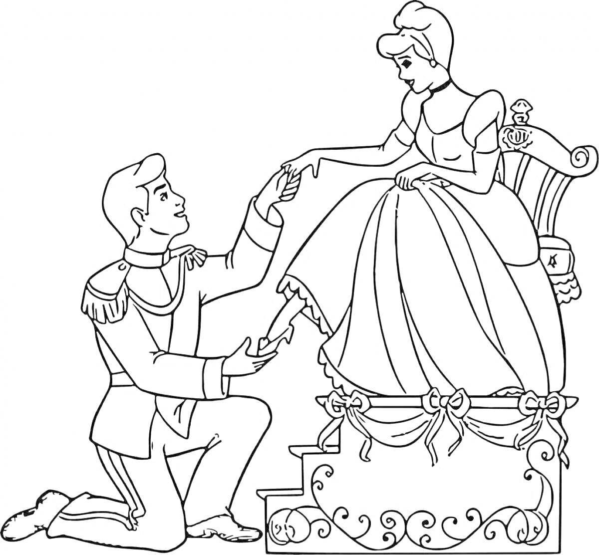 На раскраске изображено: Принцесса, Принц, Бал, Трон, Ступени, Платье, Корона, Рука