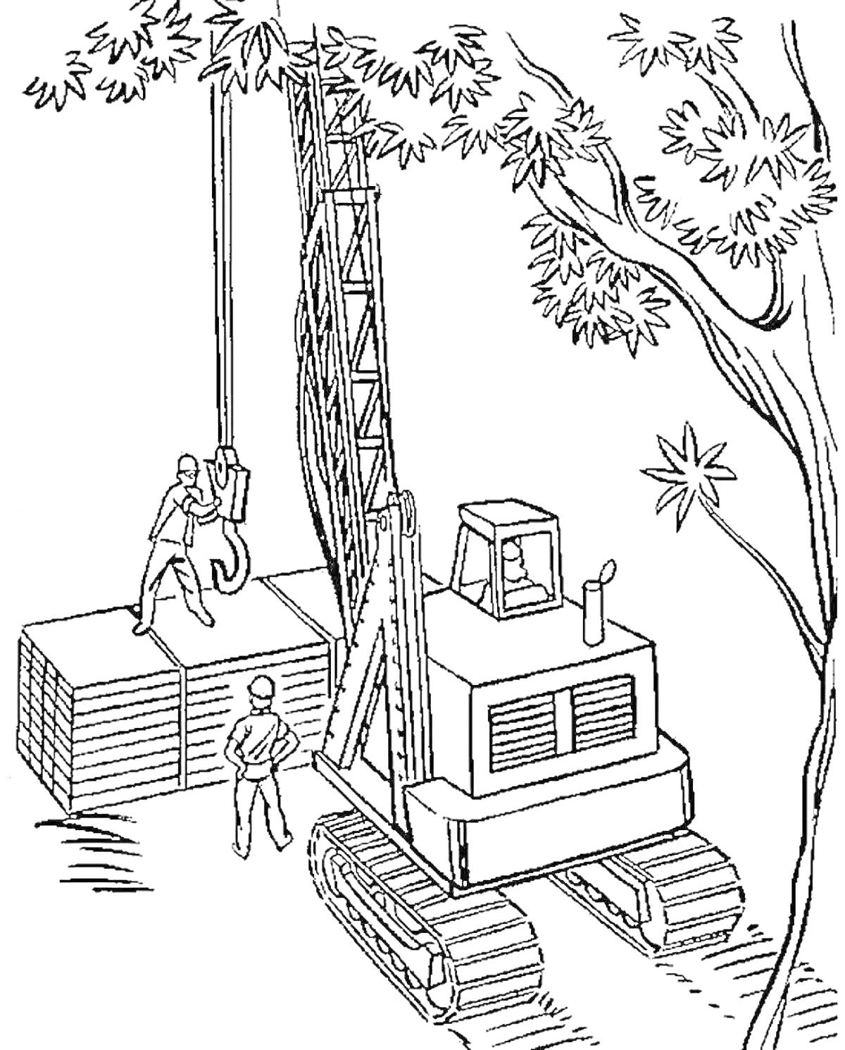 Раскраска Стройка дома с использованием тяжелой техники, два рабочих рядом с гусеничным краном, подъем плит, деревья на заднем плане.