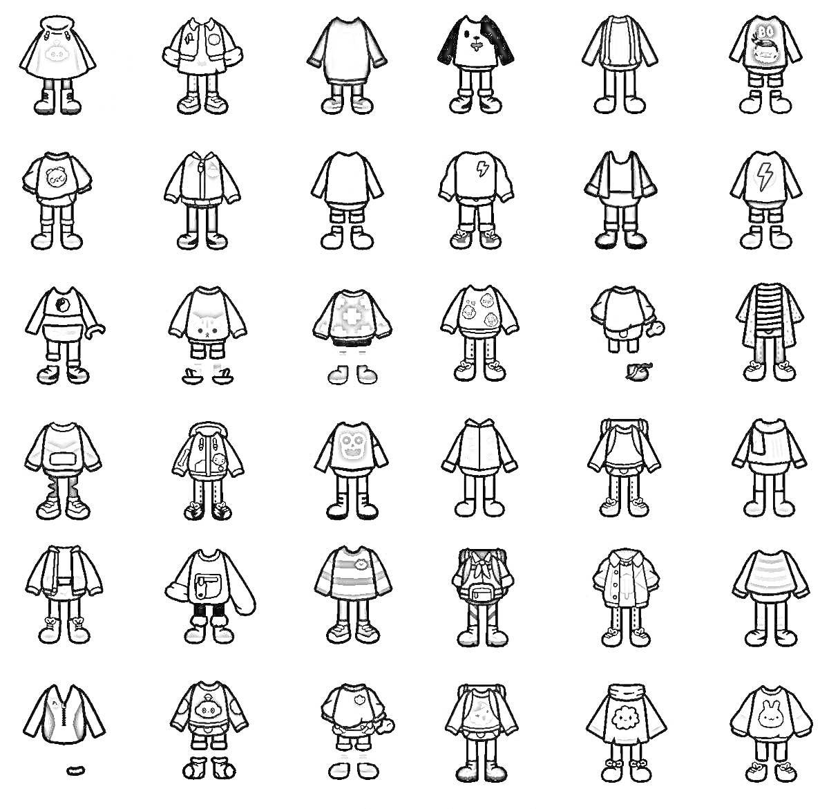 Раскраска Коллекция одежды из игры Toca Boca – различные наряды, включая топы, куртки, шорты, юбки, платья, брюки и обувь